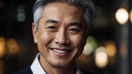Fototapeta premium Vibrant Wisdom: Close-Up Portrait of a Joyful 50s Asian Man