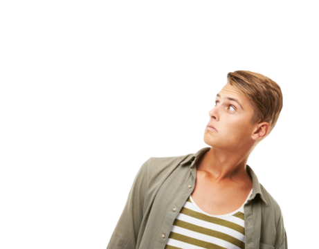Fashion, surprise or scared with a hipster man isolated on a transparent background looking nervous. Style, doubt and a confused young male person looking shocked or worried by information on PNG