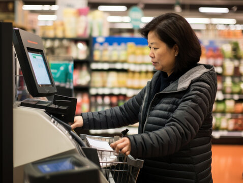 Asian-american women use self-checkout devices in supermarkets