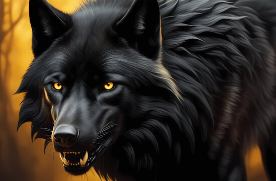 Black Wolf close-up on a golden background