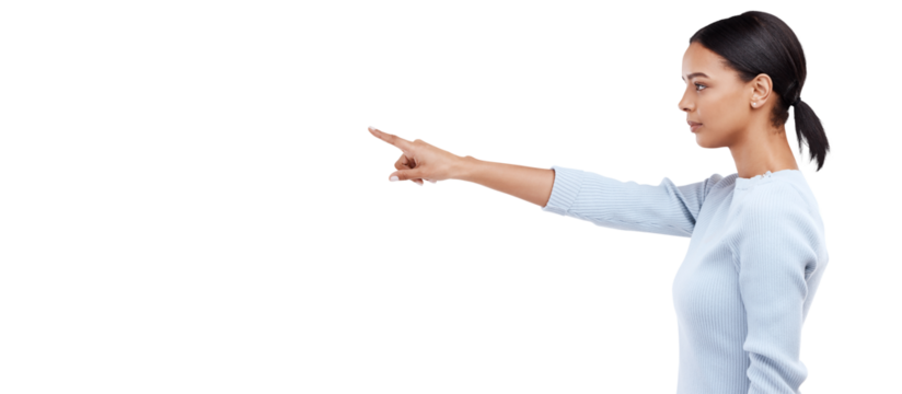 Pointing, profile or woman with sale presentation, retail promotion or discount deal isolated on png background. Transparent, menu or girl showing information, choice or advertising announcement