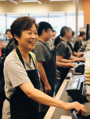 Happy AsiAn-American female supermarket clerk