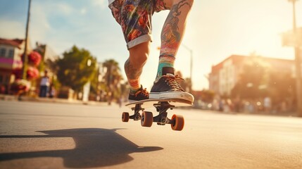 Close up cool Skater Riding On Skateboard in Urban Area. AI generated image - obrazy, fototapety, plakaty