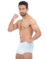 Fighter, topless or portrait of man in martial arts, fitness or workout exercise isolated on png...