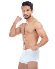 Fotobehang Fighter, topless or portrait of man in martial arts, fitness or workout exercise isolated on png background. Fist, transparent or Asian sports athlete in underwear ready to start mma battle or boxing © Sumeet K/peopleimages.com