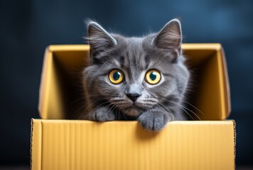A Curious Gray Cat With Mysterious Yellow Eyes Hiding in a Cardboard Box. A gray cat with yellow eyes peeking out of a cardboard box