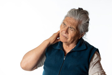 Neck Pain. old woman holding her neck due to cervical pain. White background.