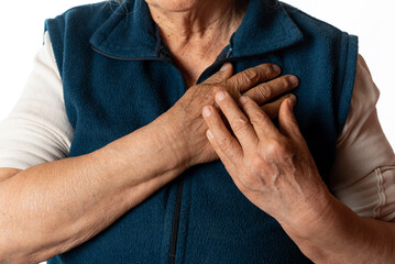 tachycardia. heartache. old woman clutching her chest. White background.