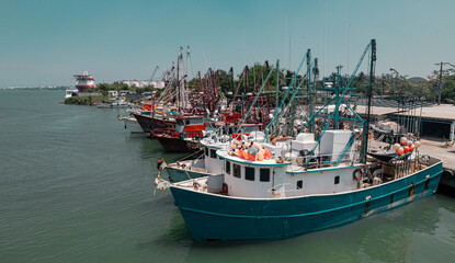 Docked fishing vessels in the harbor.