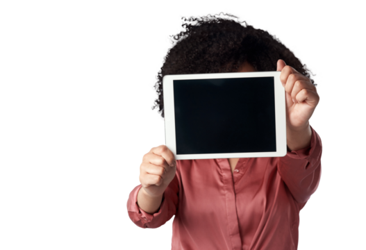 Connection, promotion and woman with a tablet, internet or website information isolated against a transparent background. Female person, network software or model with technology, blank screen or png