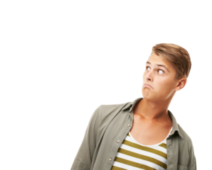 Fashion, surprise or doubt with a hipster man isolated on a transparent background looking nervous. Style, worry and a confused young male person looking shocked or scared by information on PNG