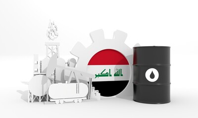 Energy and power industrial concept. Industrial icons and oil barrel with flag of Iraq. 3D Render