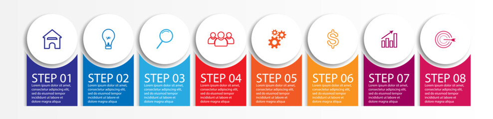 8 step infographic, simple infographic design consisting of eight interrelated parts, circle design combined with lines, icons and colors, good for your business presentation