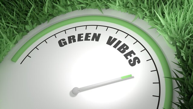 Green vibes text with measuring device with arrow and scale. Green grass. 3D render