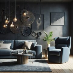 Dark blue sofa and recliner chair in apartment, Generative Ai