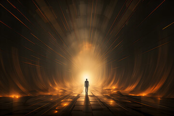 Man walking out of the darkness toward the light, surreal abstract concept, illustrated, - obrazy, fototapety, plakaty