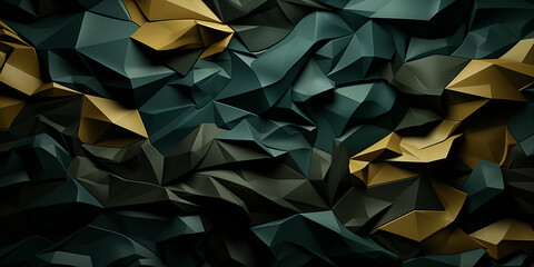 Geometrische Dreiecke und Elemente in dunklen Farben als Hintergrundmotiv für Webdesign im Querformat für Banner, ai generativ