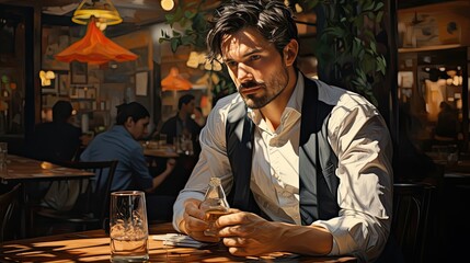 Handsome lonely man sitting at a table in a cafe restaurant - obrazy, fototapety, plakaty