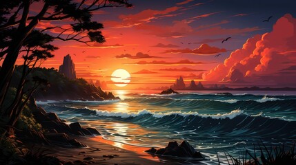 Beautiful red sunset on the beach at sea with palm trees and sun, concept for vacation and vacation in tropical warm countries