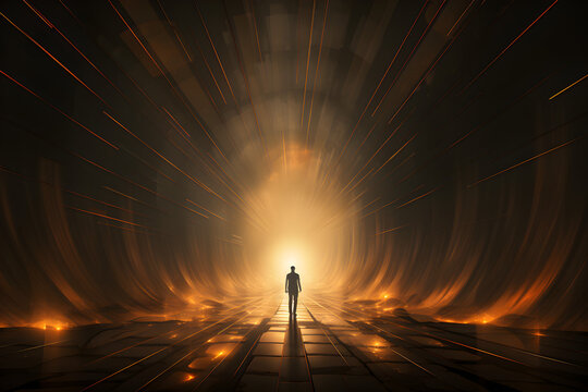 Man walking out of the darkness toward the light, surreal abstract concept, illustrated,