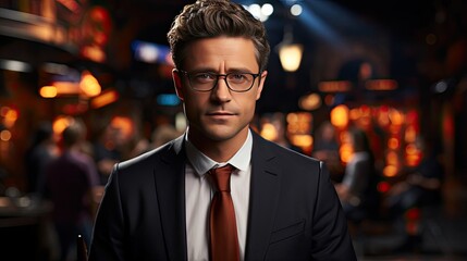 Handsome male TV news presenter in a business suit against the background of a television studio - obrazy, fototapety, plakaty