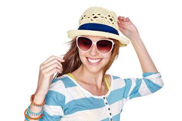 Sunglasses, fashion and smile of a happy woman model with trendy, casual outfit. Happiness, summer...