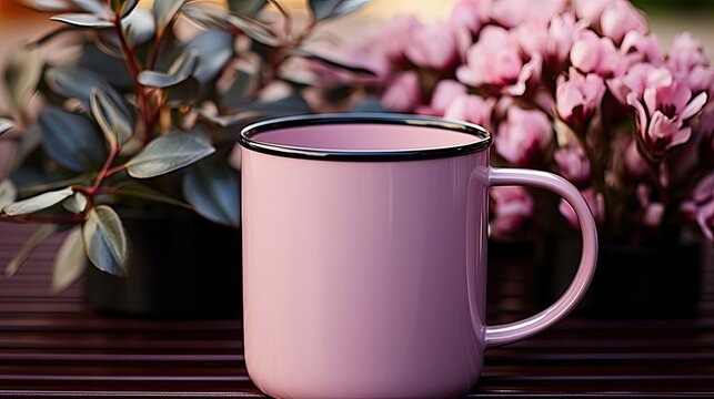 Purple mug with a hot drink, warm tea or coffee, on a background of purple delicate flowers