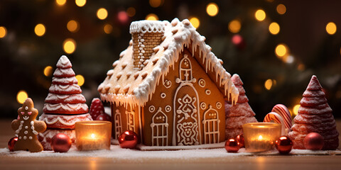 Gingerbread houses in snow with christmas decoration, "Frosty Delights: Christmas Decorated Gingerbread Cottages"