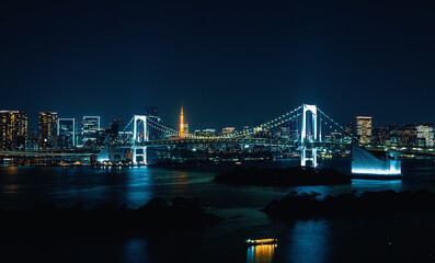 Tokyo Bay with the Rainbow Bridge, Odaiba, Tokyo, Japan at night