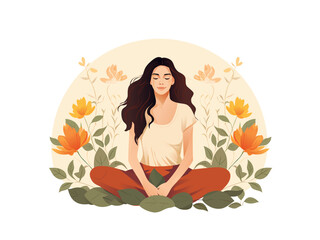 Woman sitting with a flower illustration in the background, good mental health yoga lifestyle selfcare vector - obrazy, fototapety, plakaty