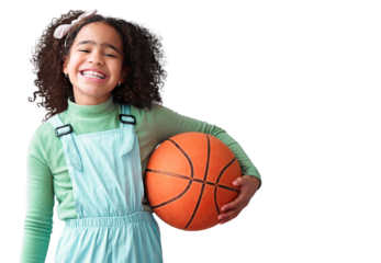 Isolated, girl kid and basketball with portrait, smile and excited for exercise by transparent png background. African child, ball and happy for sports, training game and workout, health and wellness