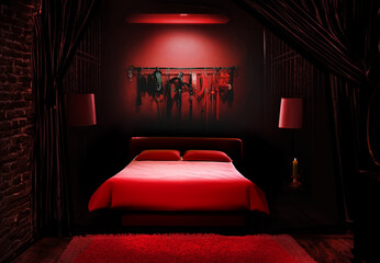 Whips for BDSM on red background in darkside. Accessory for sexual games. - obrazy, fototapety, plakaty