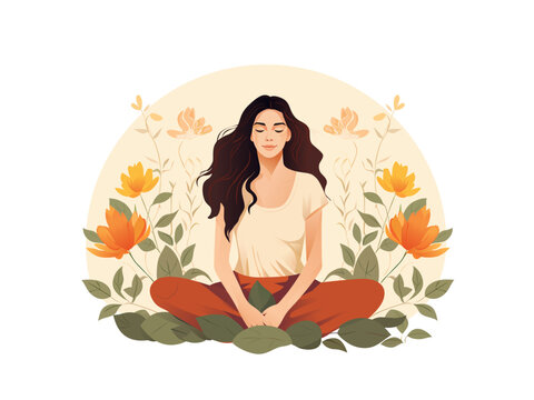 Woman sitting with a flower illustration in the background, good mental health yoga lifestyle selfcare vector