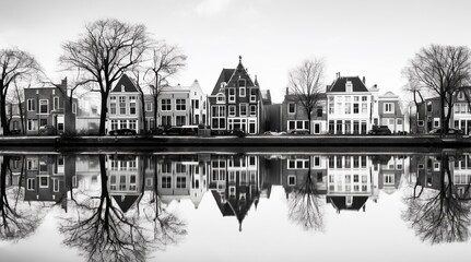 Edificios de casas de estilo holandés reflejadas en un lago. Foto en blanco y negro