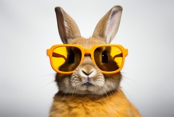 A brown rabbit wearing yellow sunglasses on a white background. A Stylish Brown Bunny Rocking Cool Shades on a vibrant white backdrop.