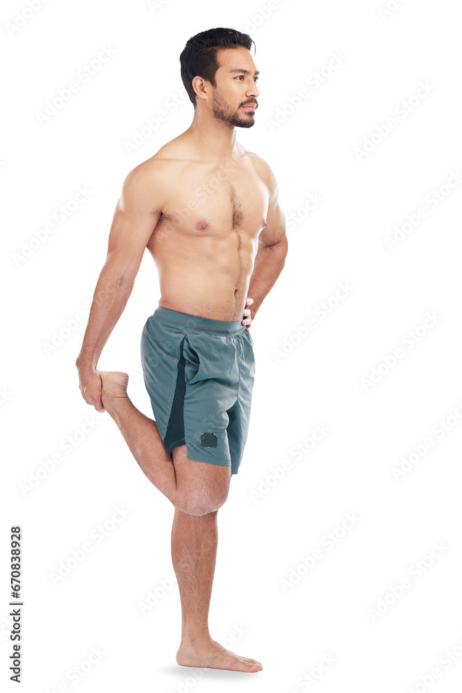 Canvas Prints Fitness, thinking and man stretching legs isolated on a transparent png background. Sports, body wellness and young male athlete with a warm up idea and preparing for workout, exercise and training