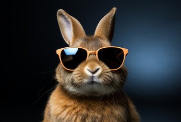 A brown rabbit wearing sunglasses on a black background. A Stylish Bunny in Shades on a Sleek Canvas of Darkness