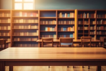 Wooden table and blurred bookshelf in library room, education, back to school. Generative Ai.