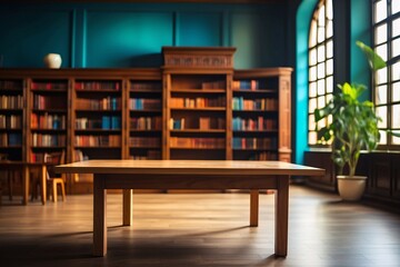 Wooden table and blurred bookshelf in library room, education, back to school. Generative Ai.