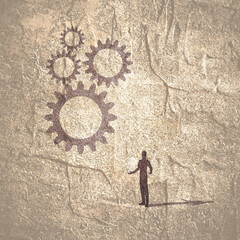 Business operation process management tiny person concept. Company organization, control and monitoring with effective work flow. Performance efficiency. Rpa, robotic process automatization.