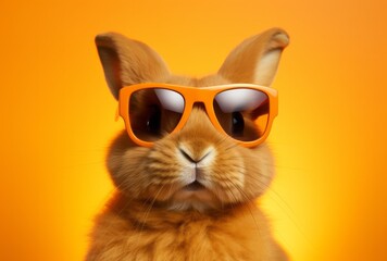 A Stylish Bunny with Cool Shades Posing Against a Sunny Backdrop. A brown rabbit wearing sunglasses on top of a yellow background