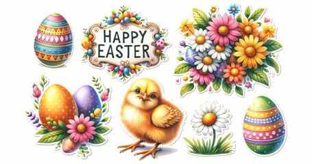 Sticker set with a fluffy chick, vibrant eggs, and blossoming flowers on white background. 'Happy Easter' sign. Elements for design, print, card. Springtime watercolor illustration