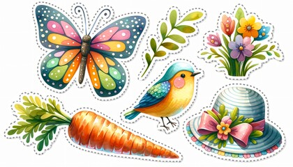 Sticker collection with a vibrant butterfly, a cheerful songbird, Easter eggs, carrot, and a bouquet of fresh flowers on white. Elements for design, card, print. Springtime watercolor illustration