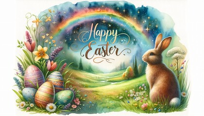 Easter greetingc card with a rabbit admiring a rainbow over a field of decorated eggs and spring flowers. Festive, dreamy design for seasonal posters, banners, or print. Watercolor illustration