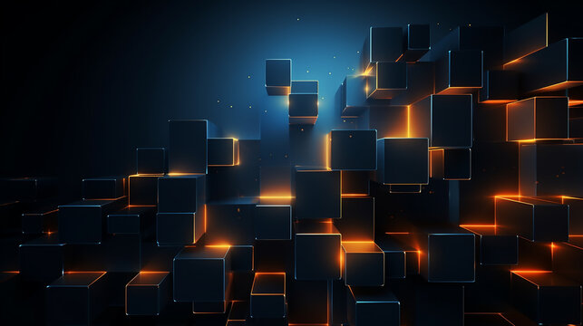 Digital technology blue gold geometric curve abstract square and orange glow light. Modern digital abstract 3D background. Blue and lilac blocks with neon lines and glowing background futuristic. 