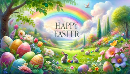 Rainbow blooming flowers, bunnies, and decorative eggs in a lush garden. Vibrant Easter greeting card. Spring festival concept. Suitable for invitations, prints, and festive banners