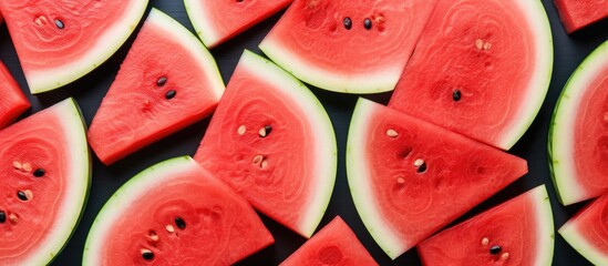 An overhead perspective of a divided watermelon fruit