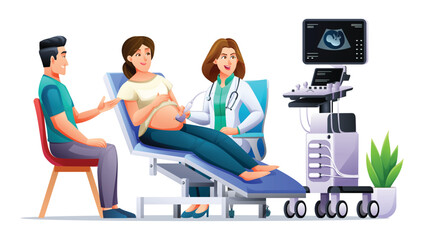 Pregnant woman have ultrasound in clinic. Couple doing regular medical check up pregnancy with doctor. Vector cartoon character illustration