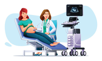 Pregnant woman have ultrasound in clinic. Regular medical check up pregnancy with doctor. Vector cartoon character illustration