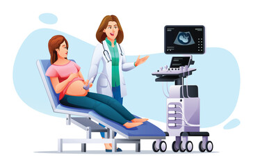 Pregnant woman have ultrasound in clinic. Consultation and regular check up pregnancy with doctor. Vector cartoon character illustration